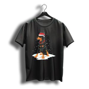 Doberman Wearing Santa Hat Wrapped In Christmas Lights On Snow T-Shirt