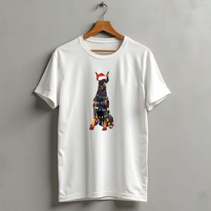 Doberman Wrapped In Christmas Lights And Santa Hat T Shirt