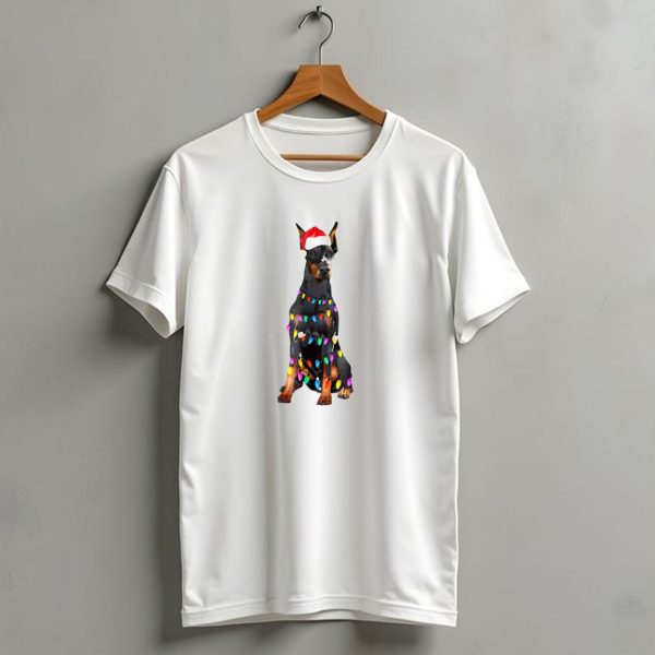 Doberman Wrapped In Christmas Lights And Santa Hat T Shirt 1 t shirt 1