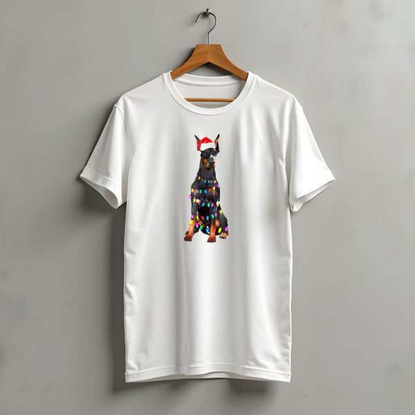 Doberman Wrapped In Christmas Lights And Santa Hat T Shirt t shirt 1 1