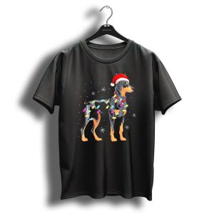 Doberman Wrapped In Christmas Lights With Santa Hat And Snowflakes T Shirt