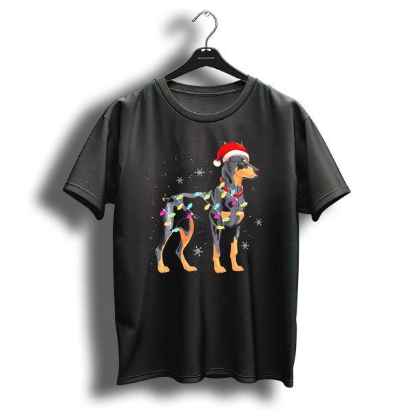 Doberman Wrapped In Christmas Lights With Santa Hat And Snowflakes T Shirt 1 t shirt 1
