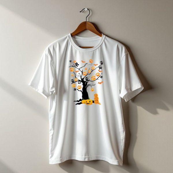 Dog Paw Tree Halloween Pumpkins Bats Owls Ghosts T Shirt t shirt 1