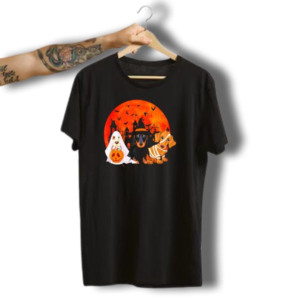 Dogs Halloween Horror Night With Dachshund Ghost Costumes And Pumpkin Moon T Shirt t shirt 1