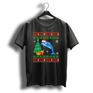 Dolphin Christmas Decorations With Tree And Santa Hat T Shirt