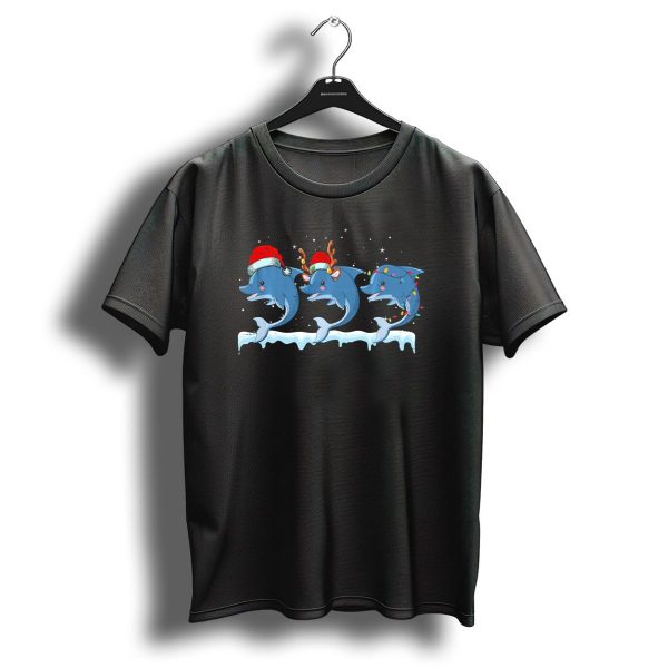 Dolphin Christmas Santa Hat Reindeer Lights Snowflakes Holiday Fun T Shirt 1 t shirt 1