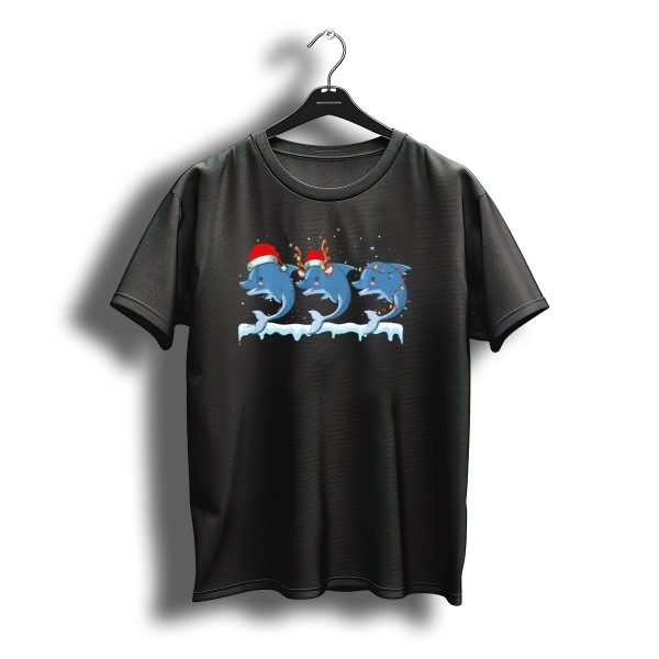 Dolphin Christmas Santa Hat Reindeer Lights Snowflakes Holiday Fun T Shirt t shirt 1