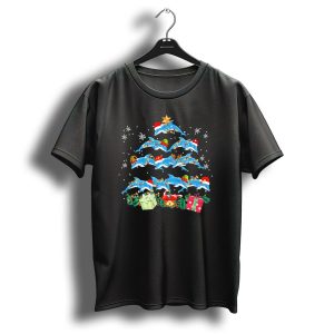 Dolphin Christmas Tree With Santa Hats And Festive Lights At Holiday Season T Shirt