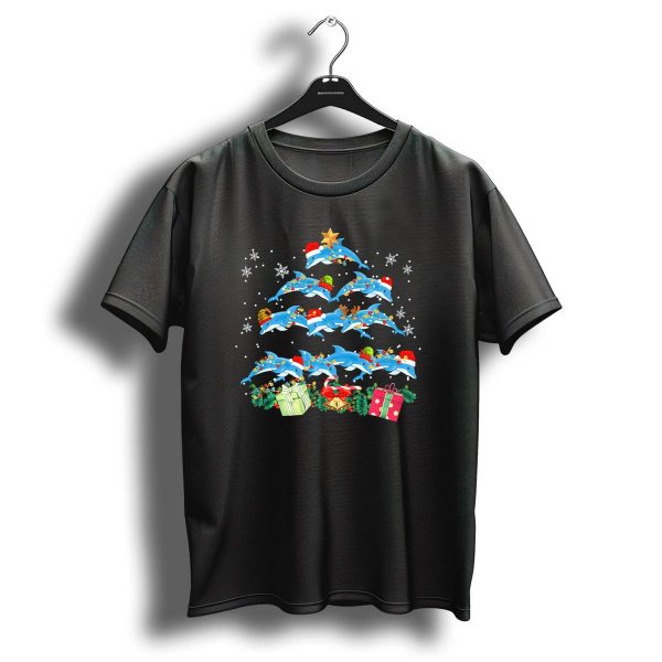 Dolphin Christmas Tree With Santa Hats And Festive Lights At Holiday Season T Shirt 1 t shirt 1
