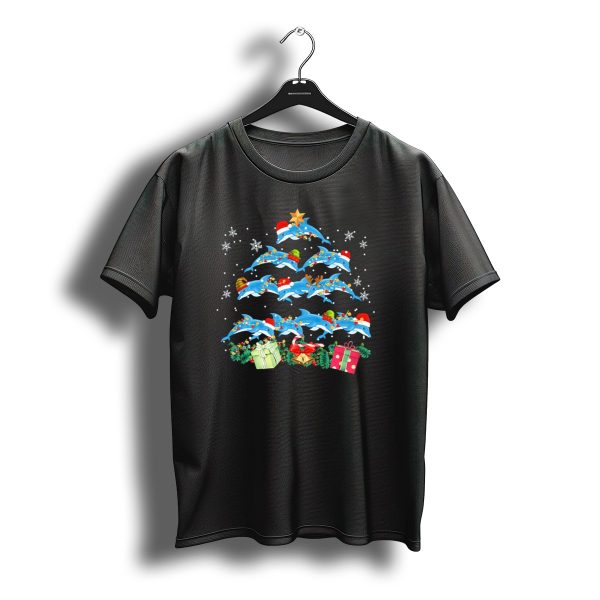 Dolphin Christmas Tree With Santa Hats And Festive Lights At Holiday Season T Shirt t shirt 1
