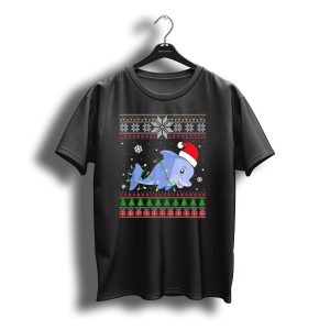 Dolphin Santa Hat Christmas Lights Festive Pattern Snowflakes Trees T-Shirt