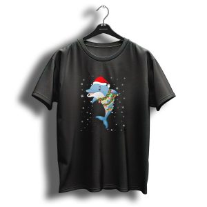 Dolphin Wearing Santa Hat With Christmas Lights And Snowflakes T Shirt