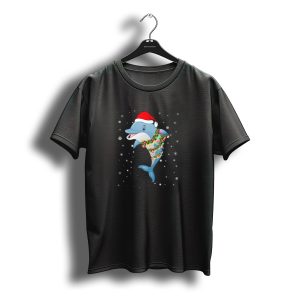 Dolphin Wearing Santa Hat With Christmas Lights And Snowflakes T-Shirt
