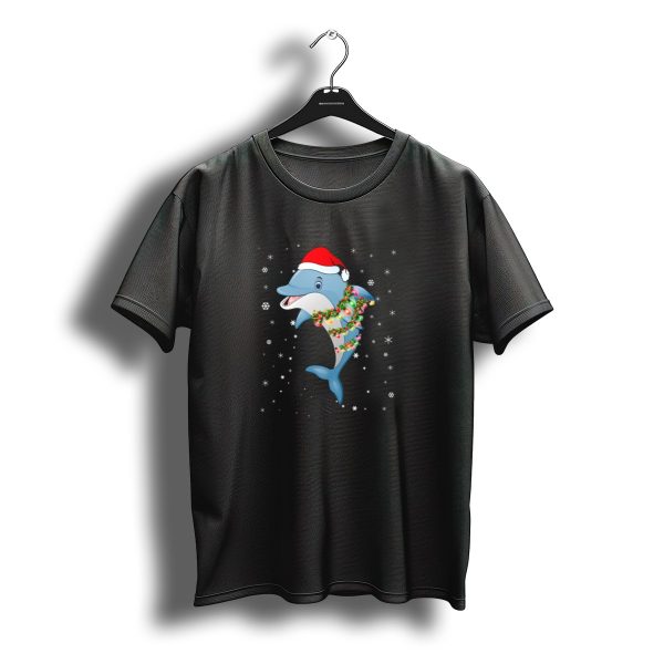 Dolphin Wearing Santa Hat With Christmas Lights And Snowflakes T Shirt t shirt 1