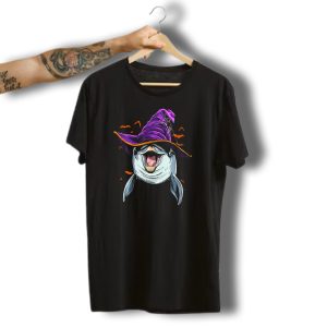 Dolphin Witch Hat Halloween With Bats And Funny Dolphi T-Shirt