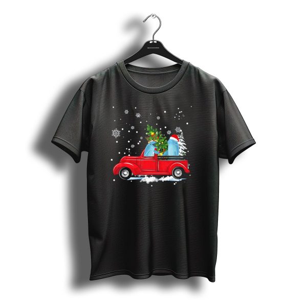 Dolphin With Santa Hat In Vintage Red Truck With Christmas Tree And Snowflakes T Shirt t shirt 1