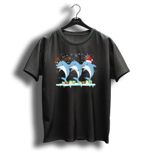 Dolphins With Christmas Lights Santa Hat Reindeer Antlers Snowflakes Holiday Scene T Shirt