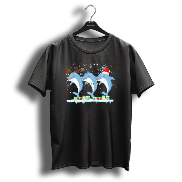 Dolphins With Christmas Lights Santa Hat Reindeer Antlers Snowflakes Holiday Scene T Shirt 1 t shirt 1