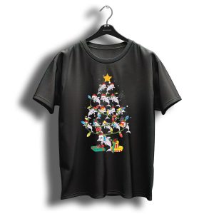 Dolphins Wrapped In Christmas Lights With Santa Hats In Tree Shape T Shirt
