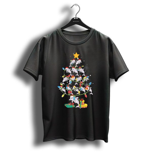 Dolphins Wrapped In Christmas Lights With Santa Hats In Tree Shape T Shirt 1 t shirt 1
