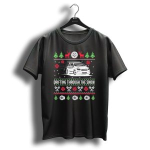 Drifting Through The Snow Christmas Car With Reindeer And Snowflakes T Shirt