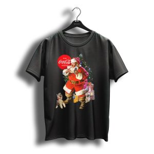 Drink Coca Cola In Bottles Christmas Santa Claus With Puppy And Tree T-Shirt