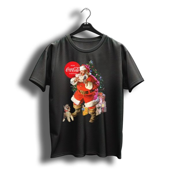 Drink Coca Cola In Bottles Christmas Santa Claus With Puppy And Tree T Shirt t shirt 1