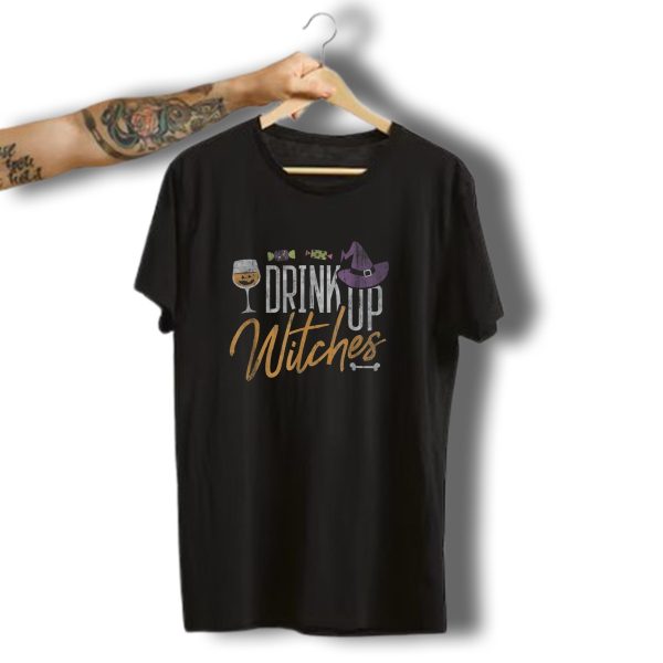 Drink Up Witches Funny Halloween Wine Glass Witch Hat Candy T Shirt t shirt 1