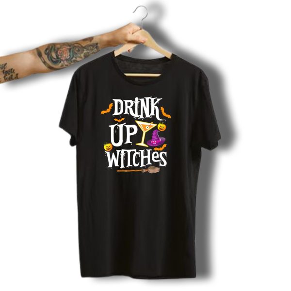 Drink Up Witches Halloween Costume Women Wine Hat Broom Martini T Shirt 1 t shirt 1
