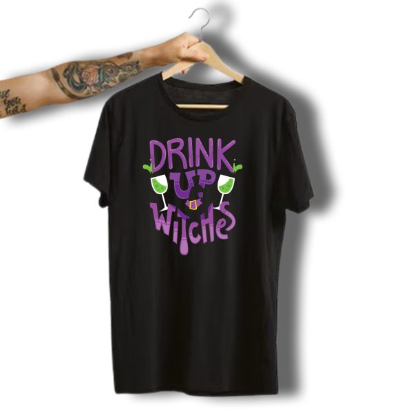 Drink Up Witches Halloween Party Witch Hat Wine Glasses T Shirt 1 t shirt 1