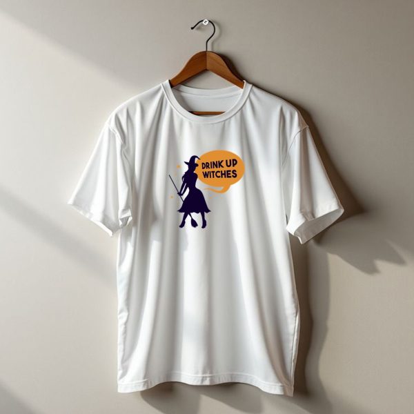 Drink Up Witches Halloween Silhouette With Broom And Stars t shirt 1