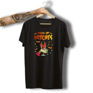 Drink Up Witches Halloween Witch Hand Wine Glass Bat Candy Corn T-Shirt