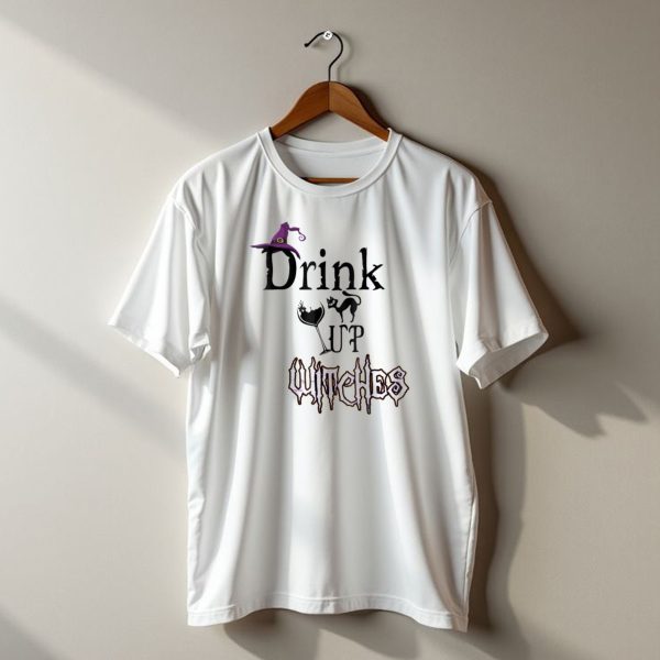 Drink Up Witches Halloween Witch Hat Wine Glass Black Cat T Shirt t shirt 1