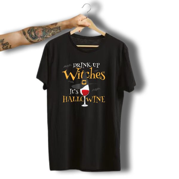 Drink Up Witches Its Hallowine With Wine Glass And Witch Hat Halloween Bats T Shirt 1 t shirt 1