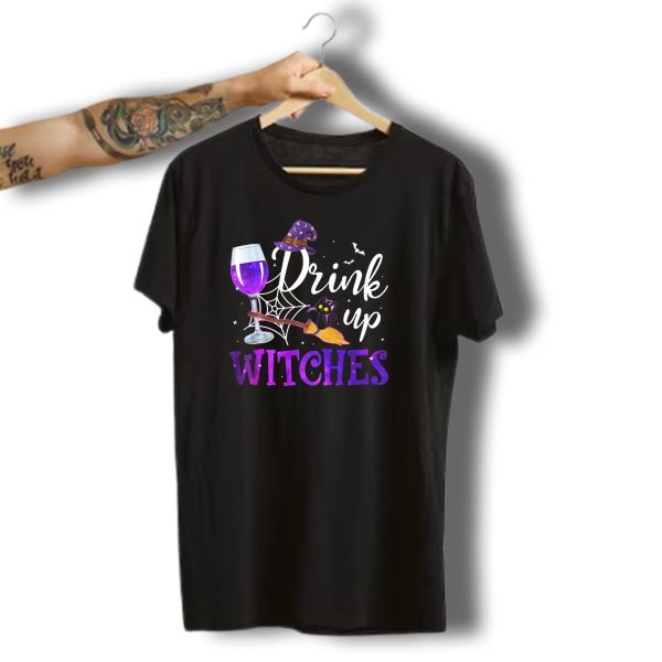 Drink Up Witches Wine Glass Purple Cat Broomstick Halloween Magic T Shirt t shirt 1