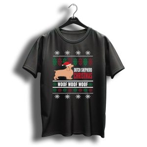 Dutch Shepherd Christmas Woof Woof Woof Santa Hat Snowflakes T Shirt