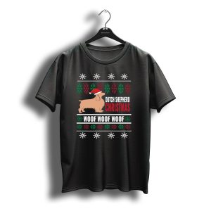 Dutch Shepherd Christmas Woof Woof Woof Santa Hat Snowflakes T-Shirt