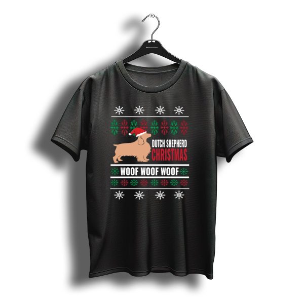 Dutch Shepherd Christmas Woof Woof Woof Santa Hat Snowflakes T Shirt t shirt 1