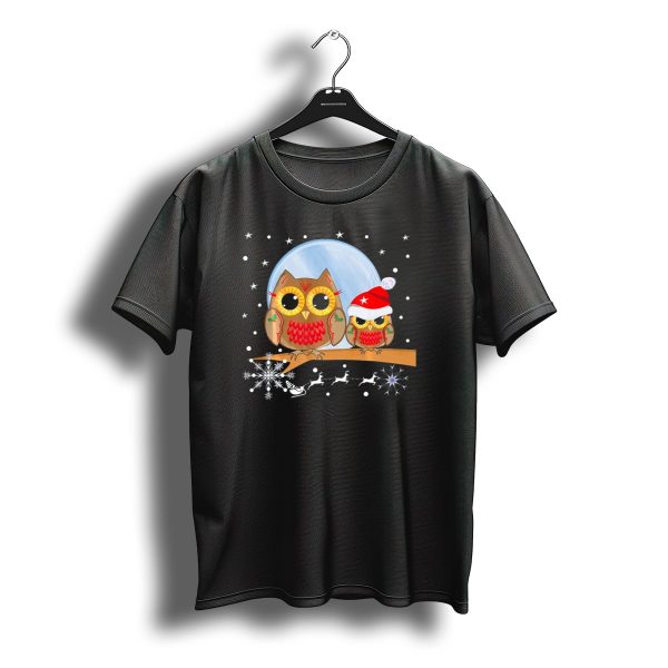 Eager Owl Awaits Christmas With Santa Hat And Snowflakes T Shirt t shirt 1