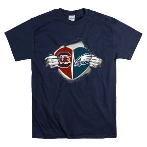 Eagles Gamecocks Heart Logo With Split Design And Hand Rip Effect T-Shirt