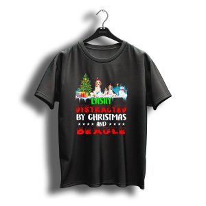 Easily Distracted By Christmas And Beagle With Santa Hats Snowman Gift Boxes T-Shirt