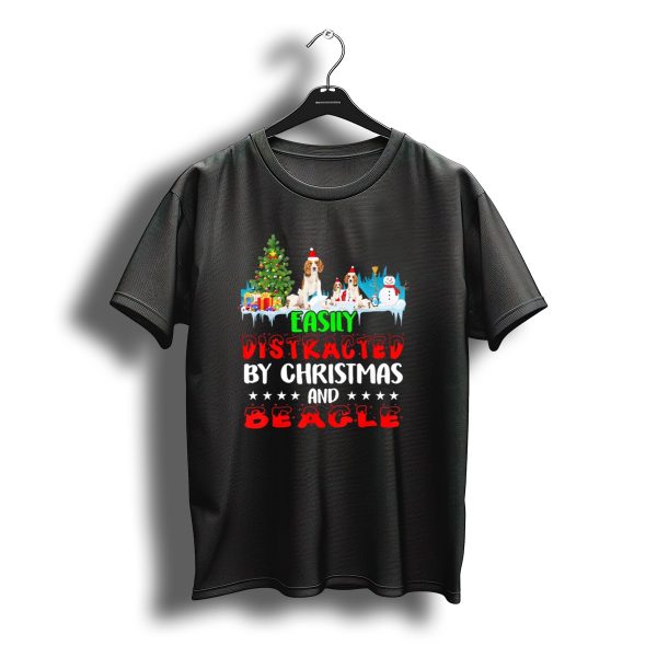 Easily Distracted By Christmas And Beagle With Santa Hats Snowman Gift Boxes T Shirt t shirt 1