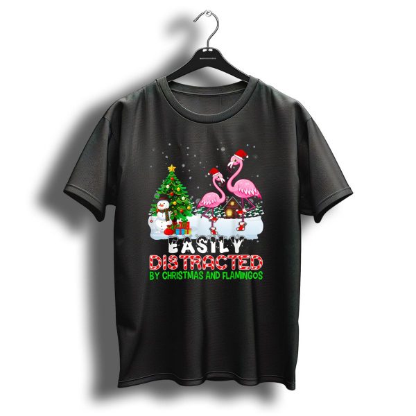 Easily Distracted By Christmas And Flamingos With Santa Hats In Snow Scene With Tree And Snowman T Shirt 1 t shirt 1