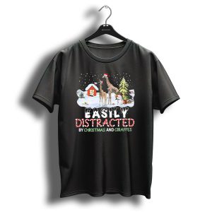 Easily Distracted By Christmas And Giraffes In Snowy Holiday Scene With Santa Hats T Shirt