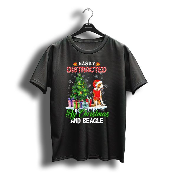 Easily Distracted By Christmas Tree Gifts And Beagle Wearing Santa Hat T Shirt t shirt 1