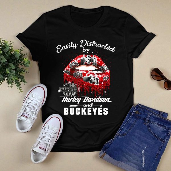 Easily Distracted By Harley Davidson And Ohio State Buckeyes T Shirt Black 1