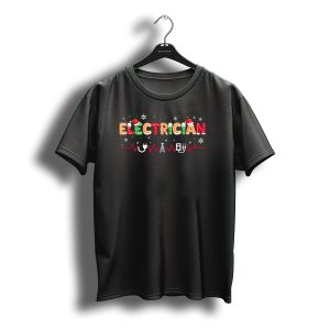 Electrician Christmas Santa Hat Snowflakes Heartbeat Line T-Shirt
