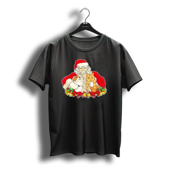 English Bulldog Cat Santa With Christmas Wreath T Shirt t shirt 1