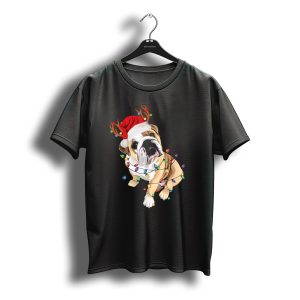 English Bulldog Christmas Lights Santa Hat Reindeer Antlers T-Shirt