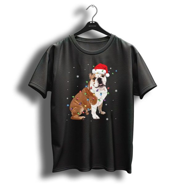 English Bulldog Christmas Lights Santa Hat Snowflakes T Shirt 1 t shirt 1